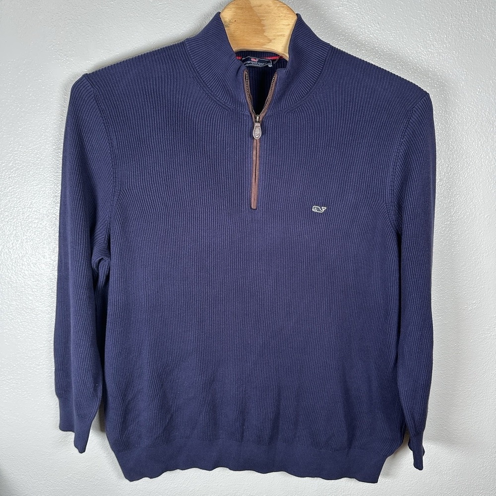 Vineyard Vines Mens Size XXL Fisherman Knit Sweater 1/4 Zip Navy Blue Mock Neck - Picture 2 of 7